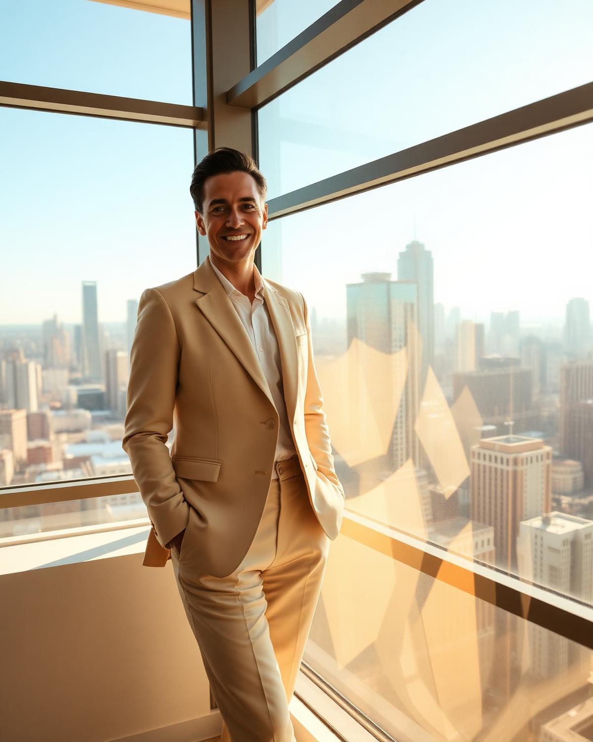 Confident business owner standing by a sunlit city-view window