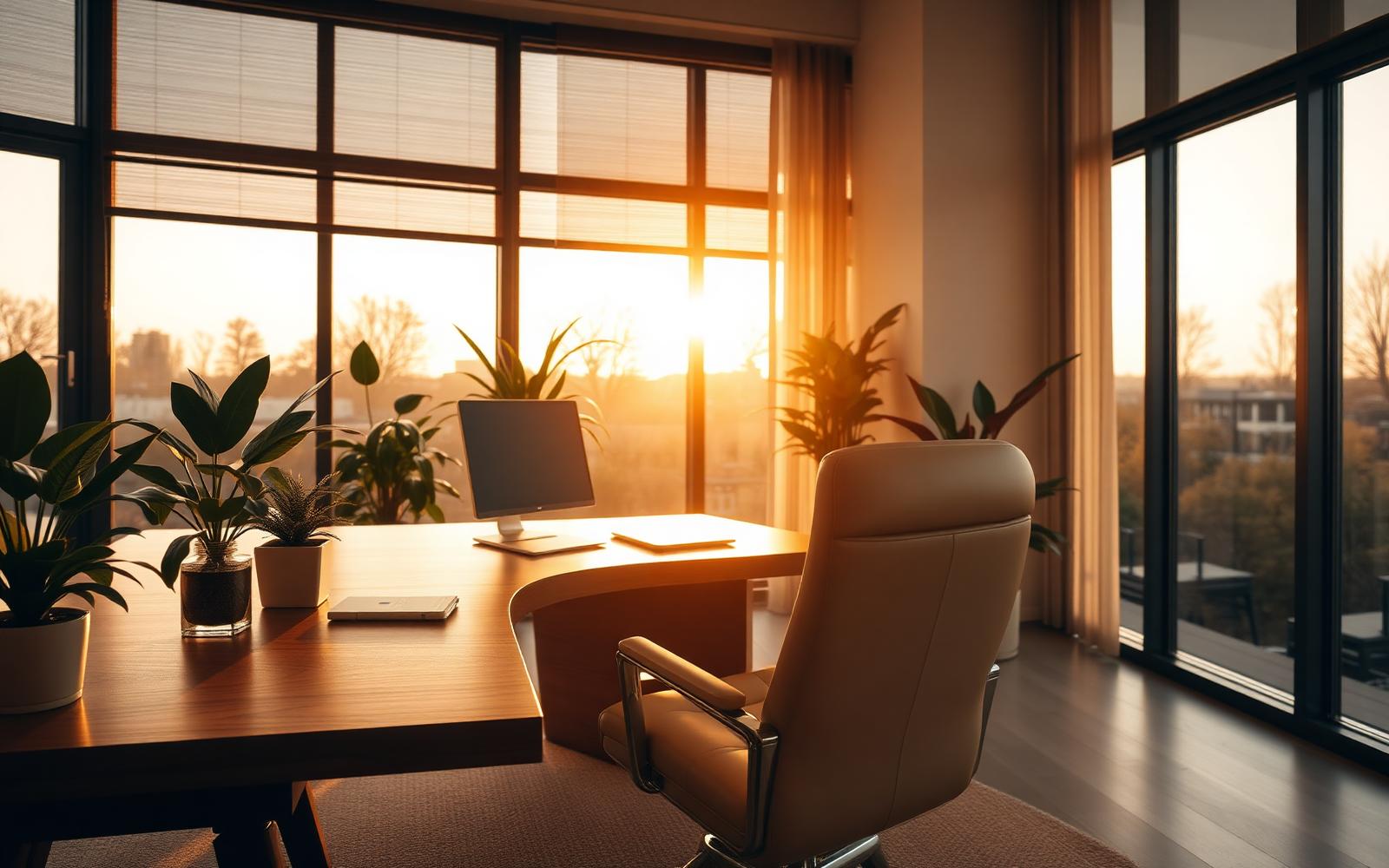 Warm executive workspace bathed in golden hour light