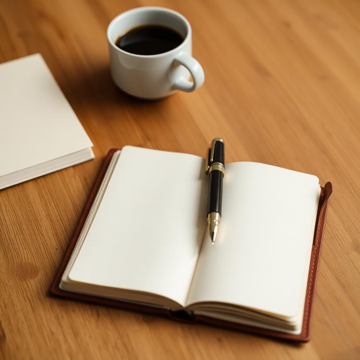 Open leather journal with fountain pen on a warm wooden desk